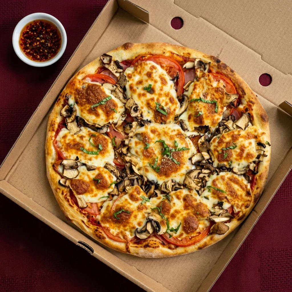 The Classic Pizza – mozzarella, prosciutto cotto, fresh tomatoes and mushrooms at CrustyCraft Pizza Transcona Winnipeg